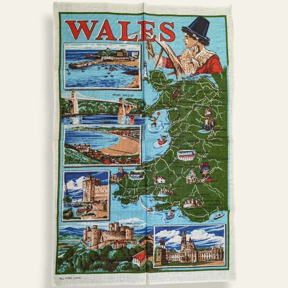 Vintage Wales 100% Linen Souvenir Tea Towel
